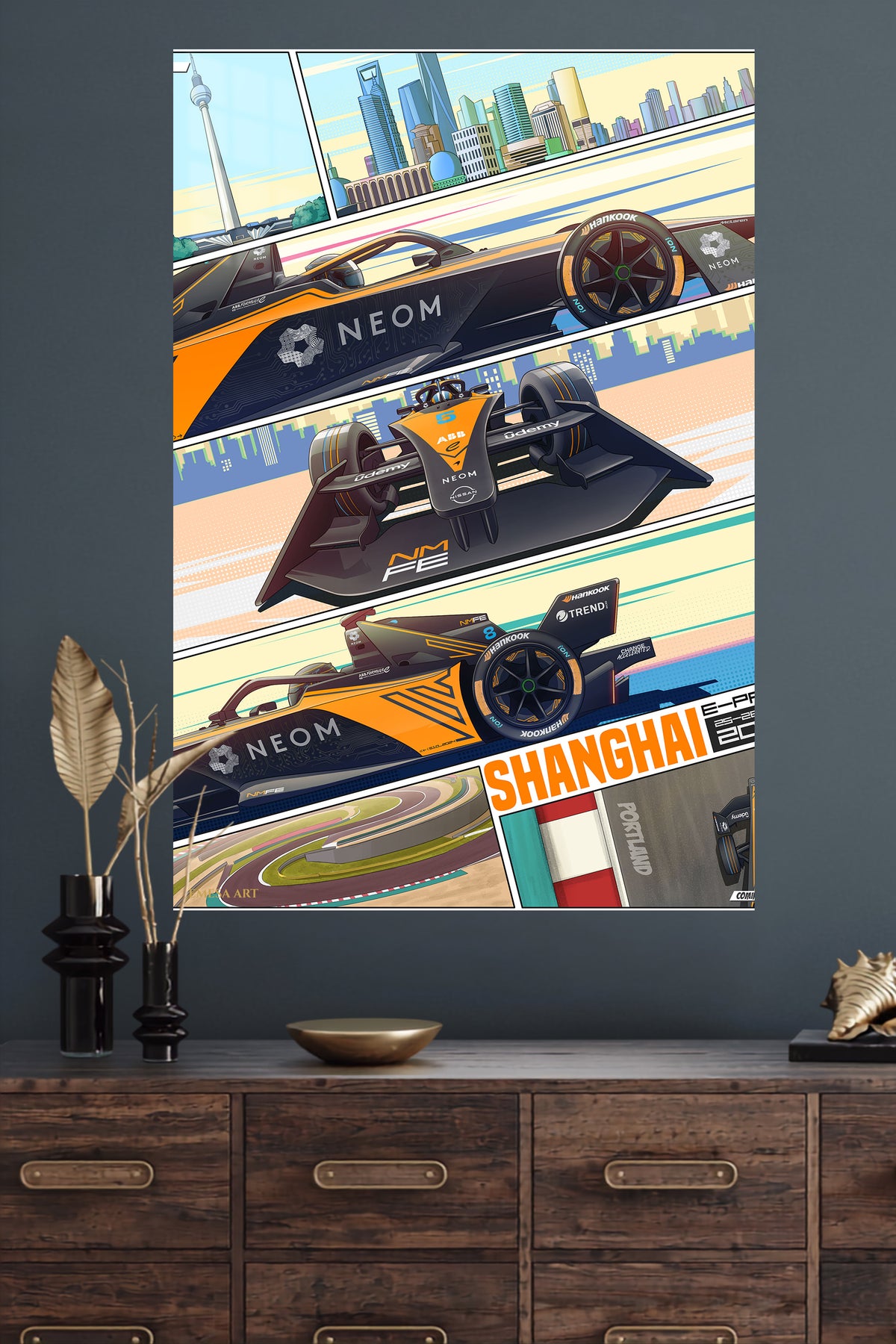 Electric Formula Race Car City Panels metal wall art displayed in a modern interior