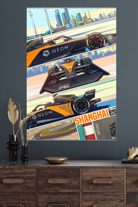 Electric Formula Race Car City Panels metal wall art displayed in a modern interior
