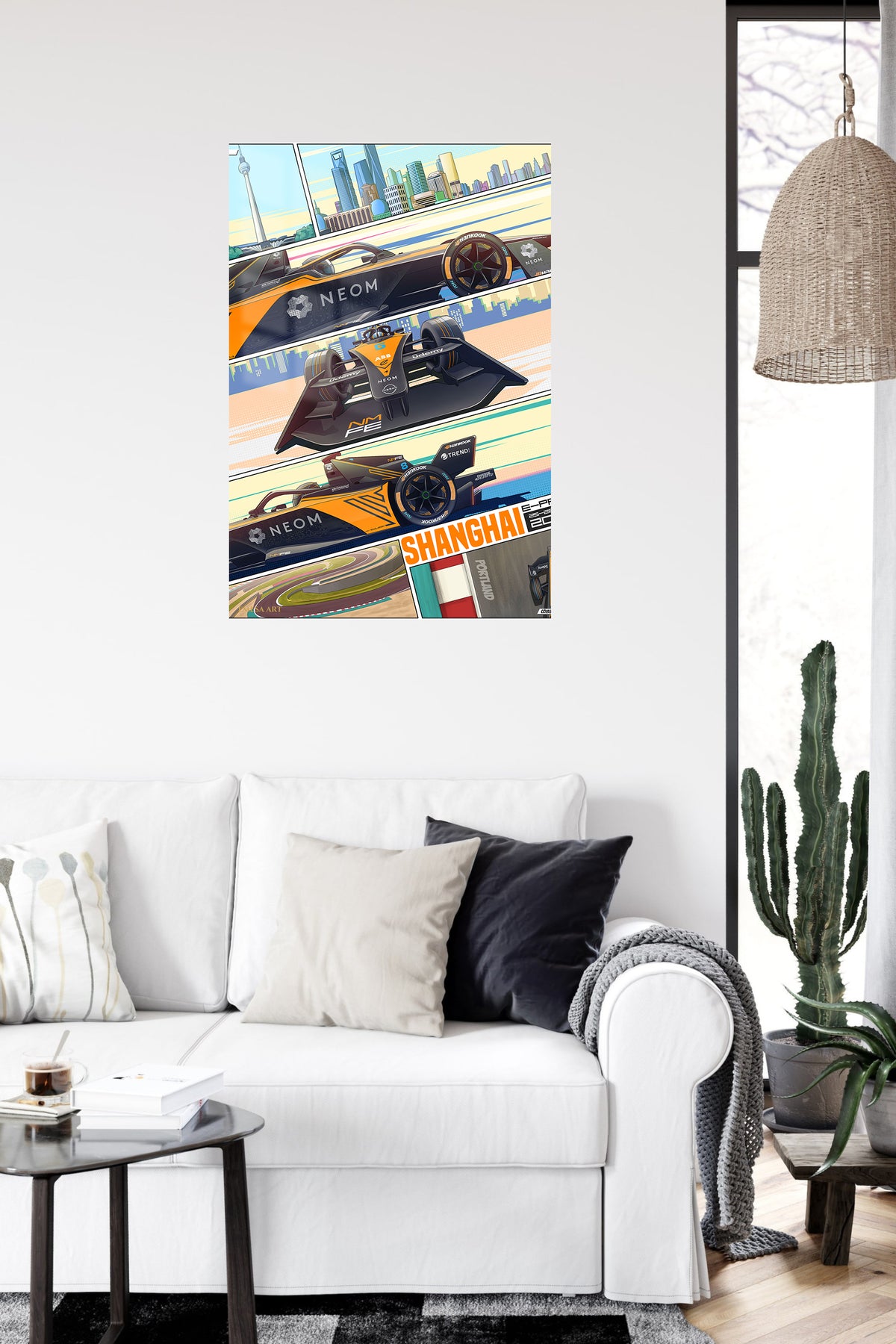 Electric Formula Race Car City Panels metal wall art displayed in a contemporary living space
