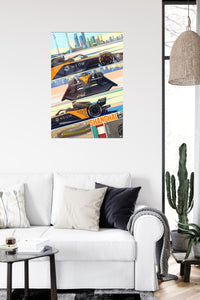 Electric Formula Race Car City Panels metal wall art displayed in a contemporary living space