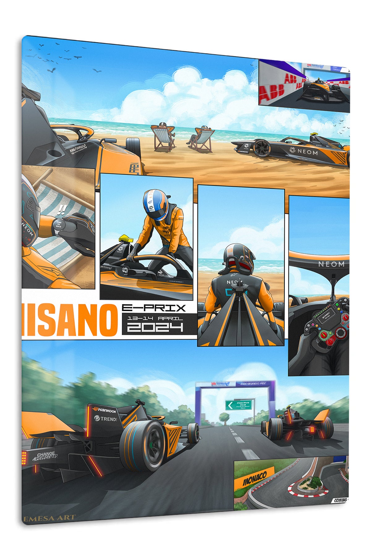 Orange Race Car Beachside Comic Collage premium metal wall art – front view