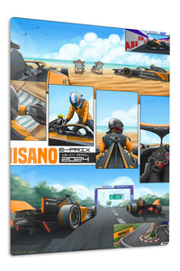 Orange Race Car Beachside Comic Collage premium metal wall art – front view