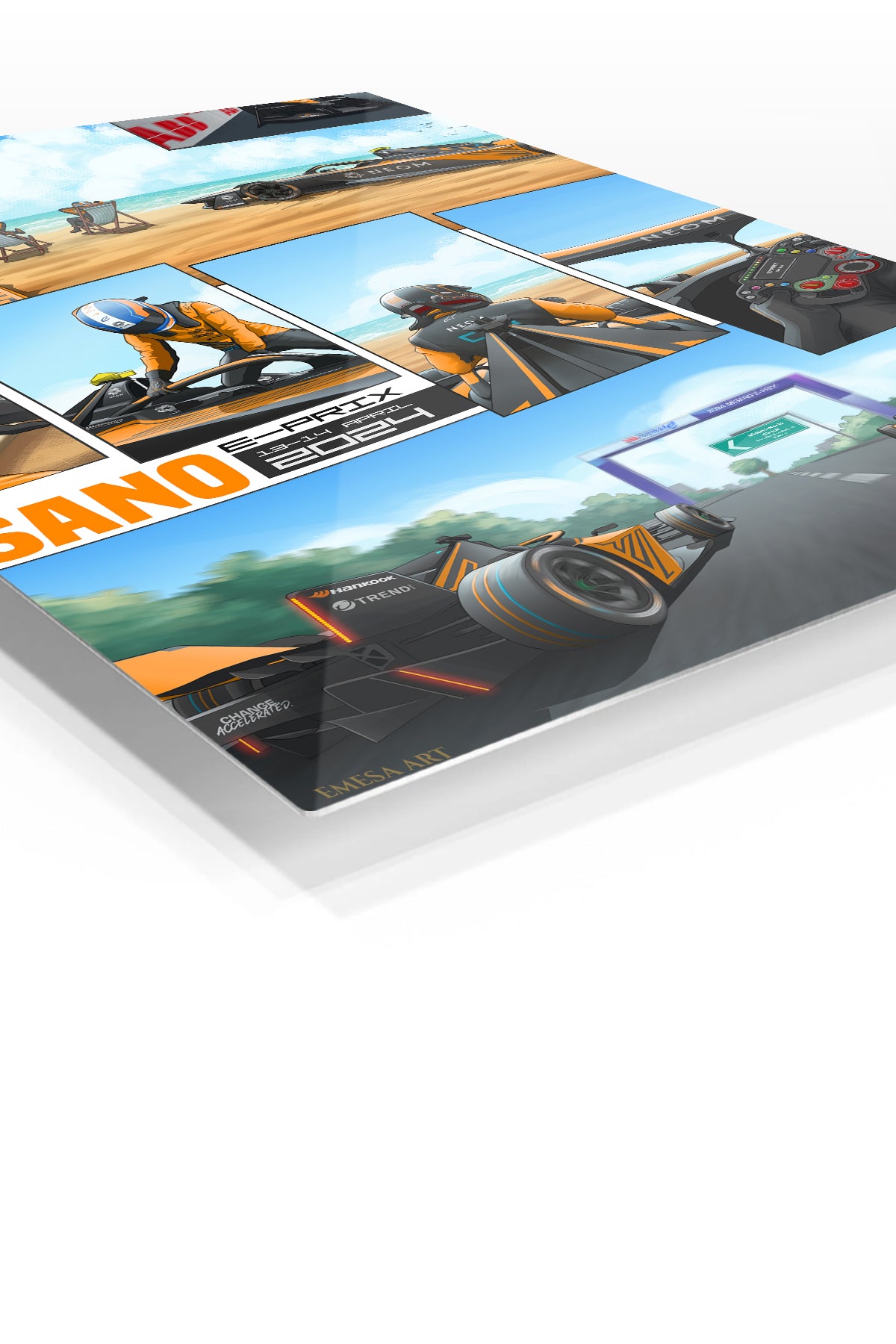 Orange Race Car Beachside Comic Collage premium metal wall art – angled view