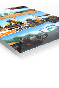 Orange Race Car Beachside Comic Collage premium metal wall art – angled view