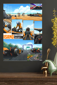 Orange Race Car Beachside Comic Collage metal wall art displayed in a modern interior