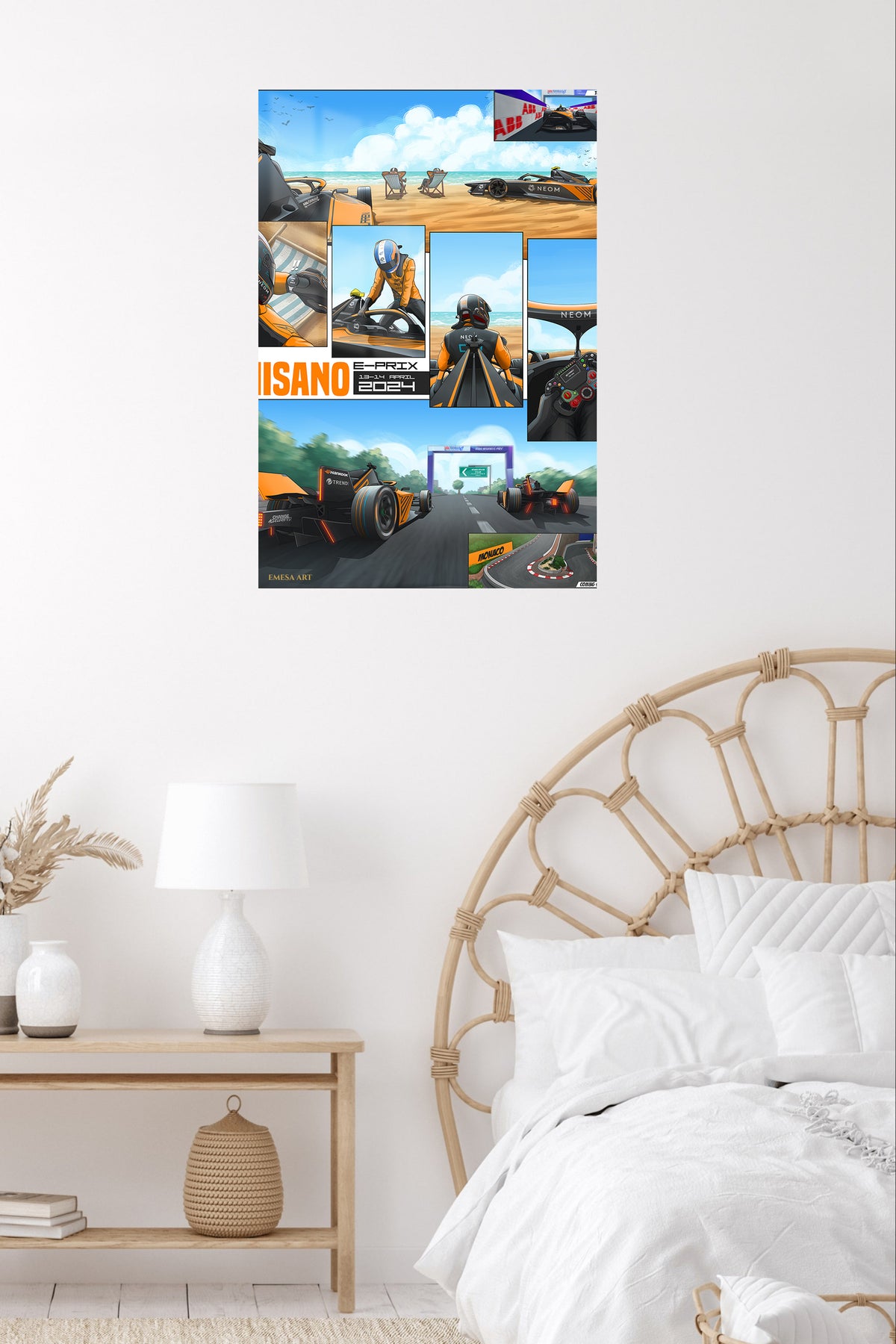 Orange Race Car Beachside Comic Collage metal wall art displayed in a contemporary living space