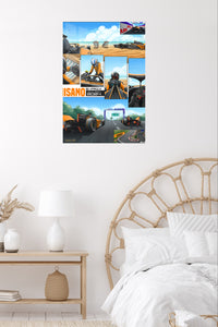 Orange Race Car Beachside Comic Collage metal wall art displayed in a contemporary living space