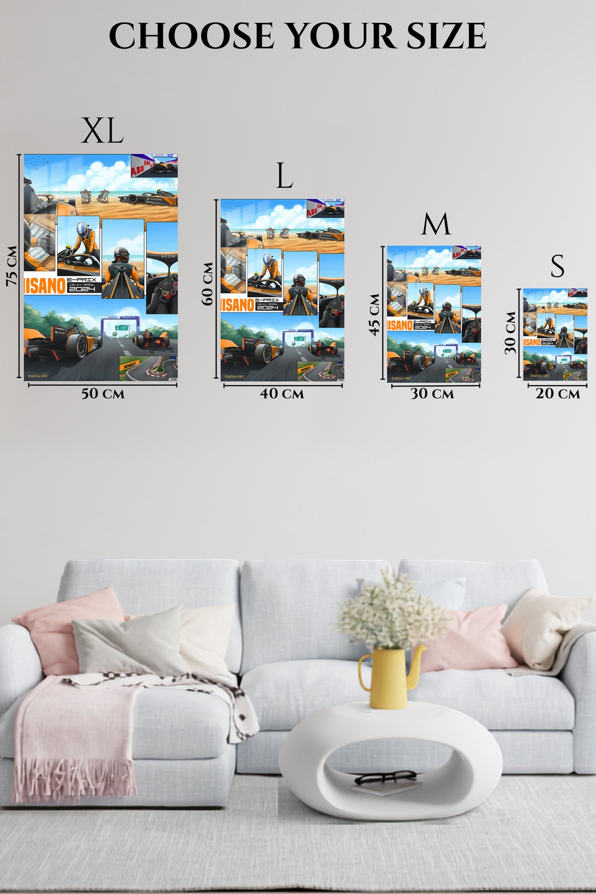 EMESA metal wall art size comparison guide for Orange Race Car Beachside Comic Collage