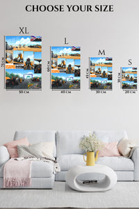 EMESA metal wall art size comparison guide for Orange Race Car Beachside Comic Collage