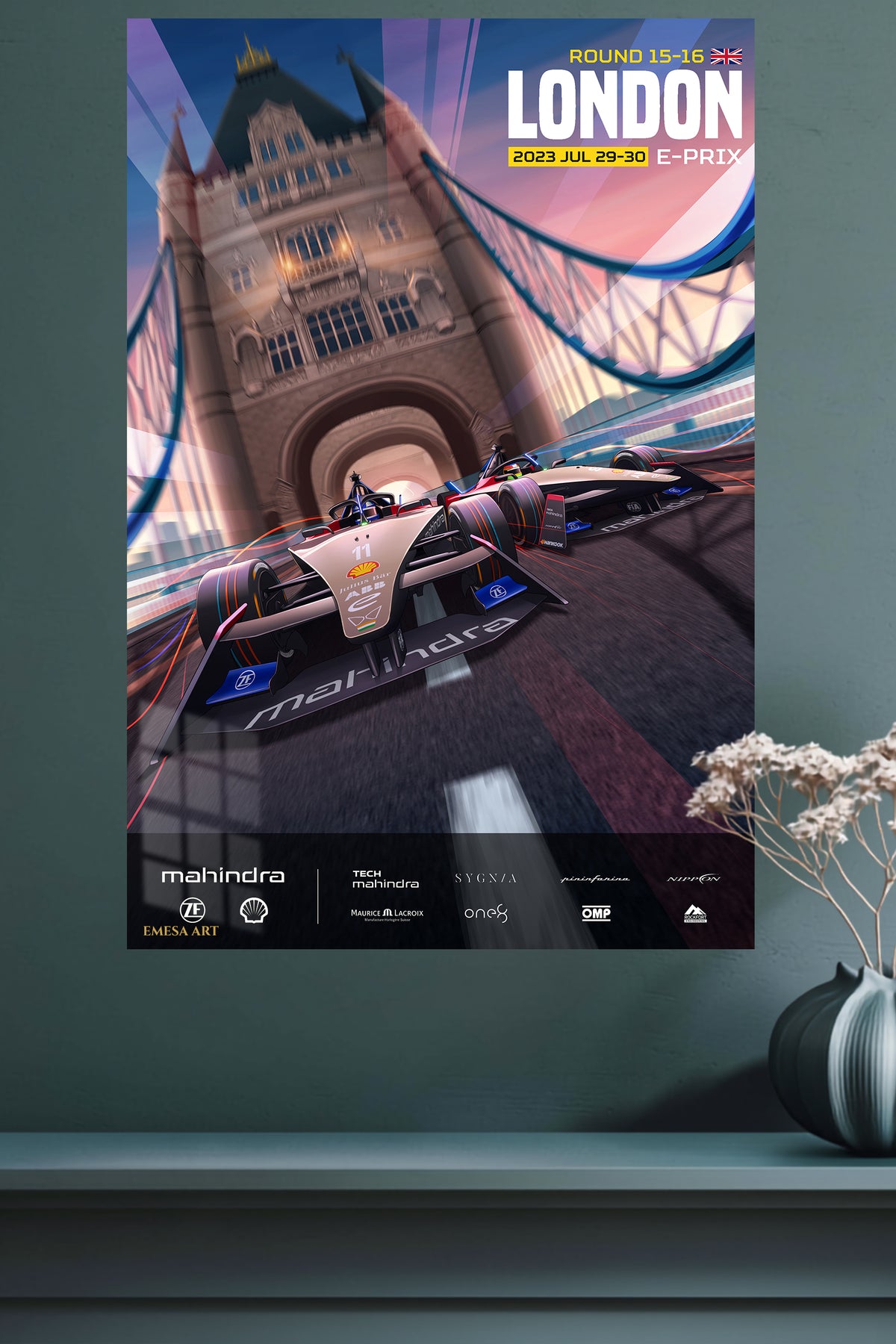 London Street Racing Poster metal wall art displayed in a modern interior