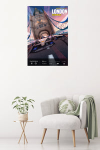 London Street Racing Poster metal wall art displayed in a contemporary living space
