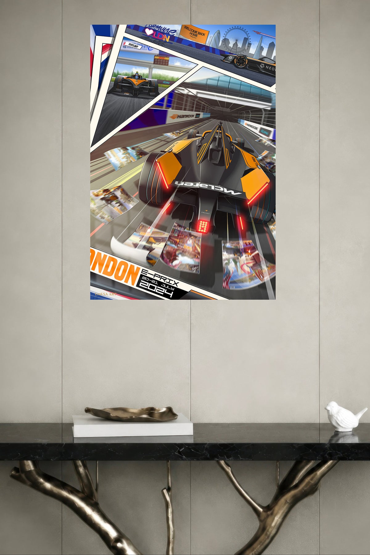 London Open-Wheel Racing Collage metal wall art displayed in a modern interior