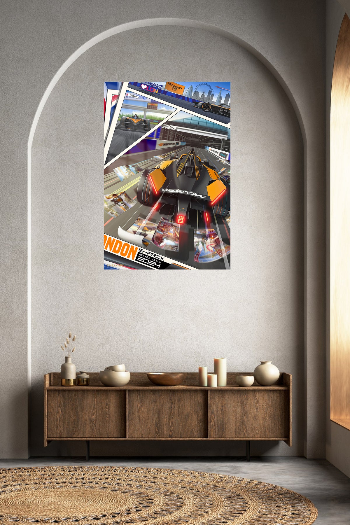 London Open-Wheel Racing Collage metal wall art displayed in a contemporary living space