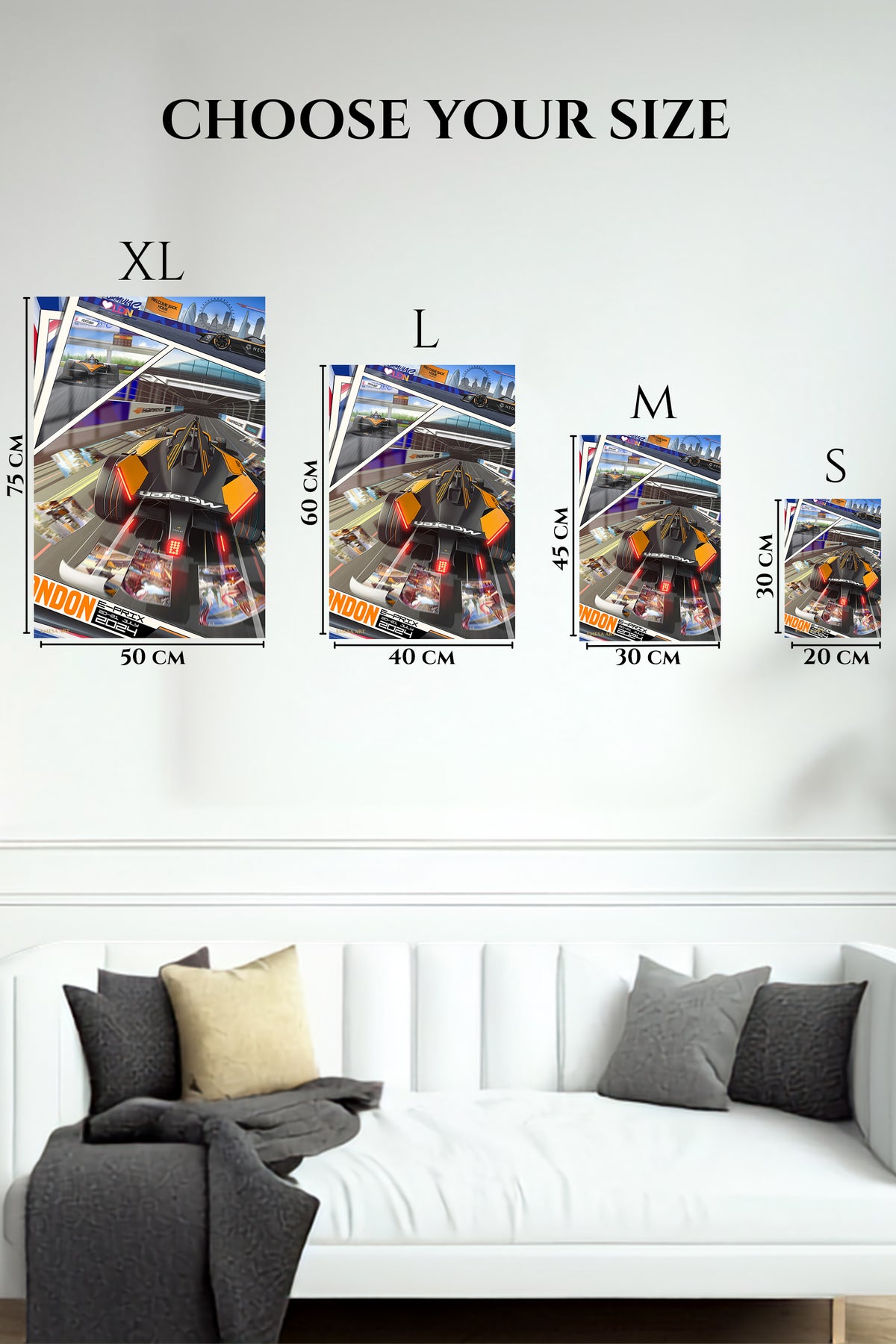EMESA metal wall art size comparison guide for London Open-Wheel Racing Collage