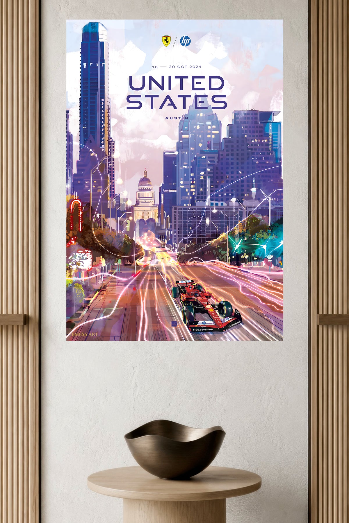 United States Grand Prix Austin City Lights metal wall art displayed in a modern interior