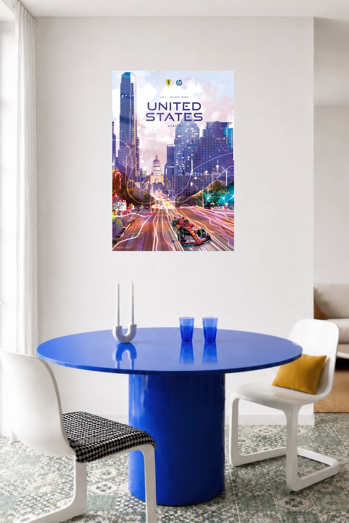 United States Grand Prix Austin City Lights metal wall art displayed in a contemporary living space