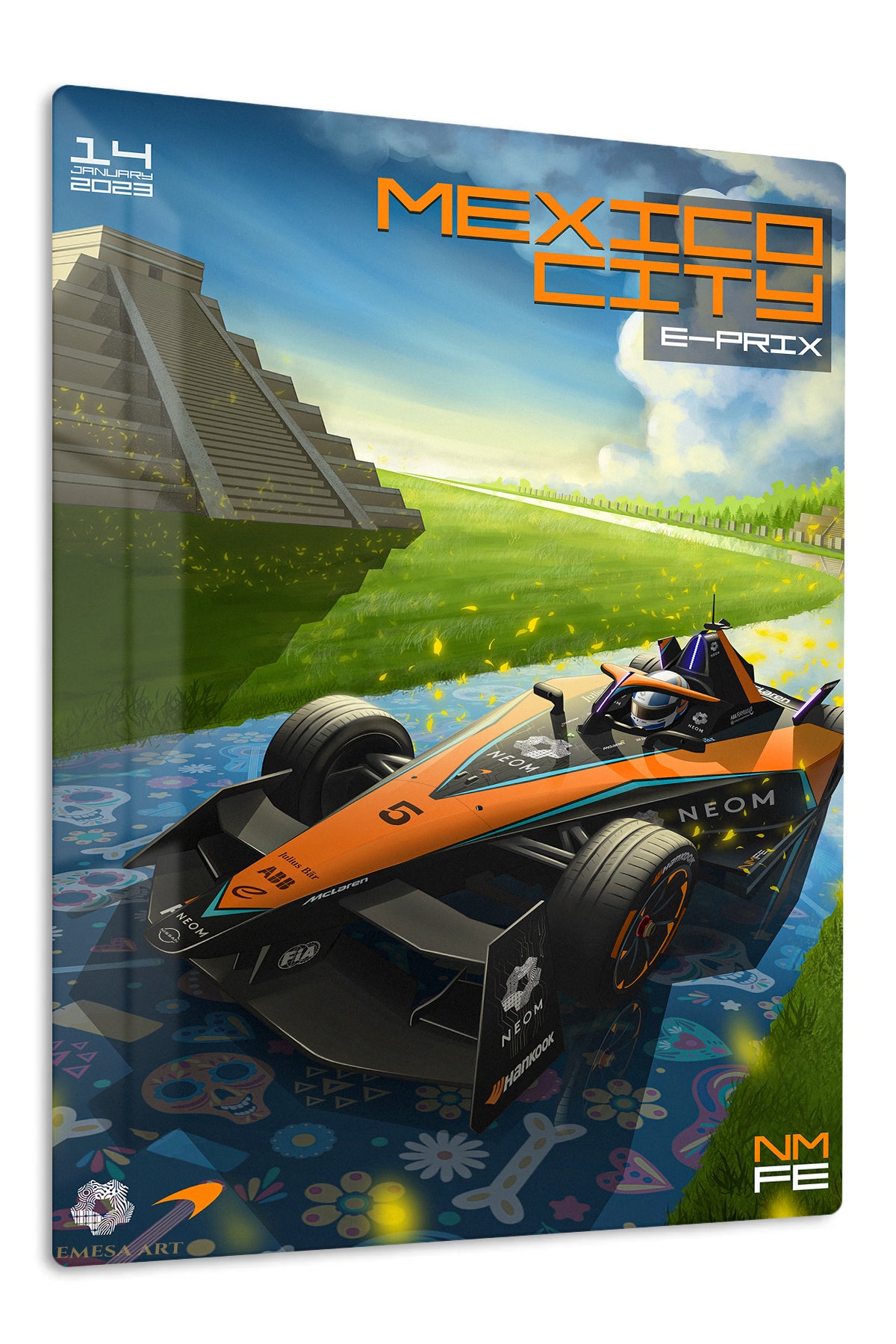 Formula Race Car at Ancient Temple premium metal wall art – front view