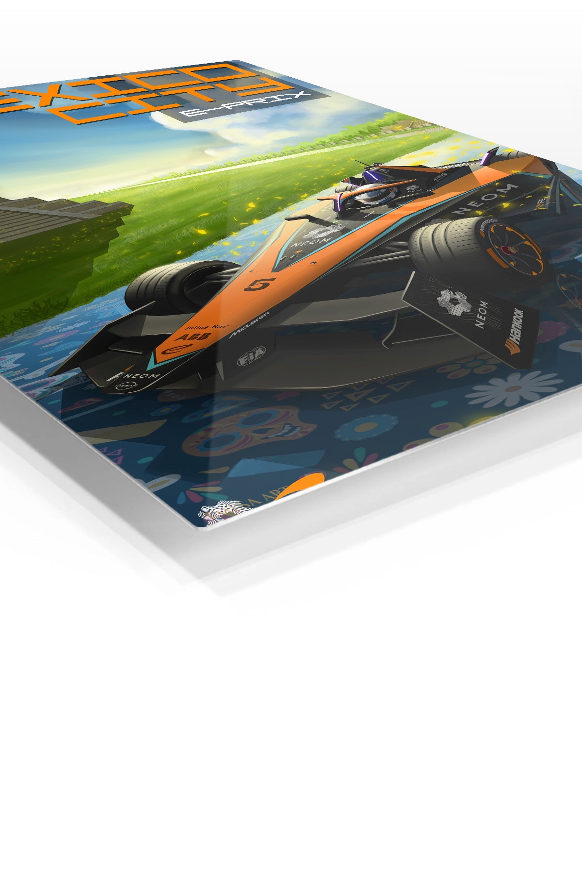 Formula Race Car at Ancient Temple premium metal wall art – angled view