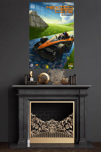 Formula Race Car at Ancient Temple metal wall art displayed in a modern interior