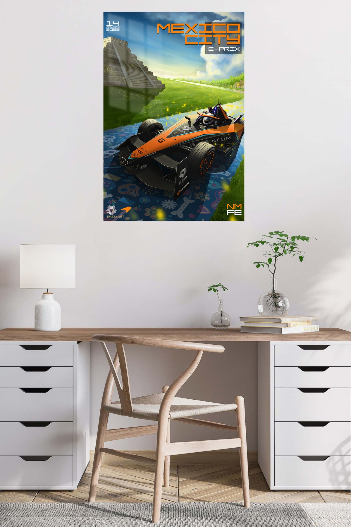 Formula Race Car at Ancient Temple metal wall art displayed in a contemporary living space