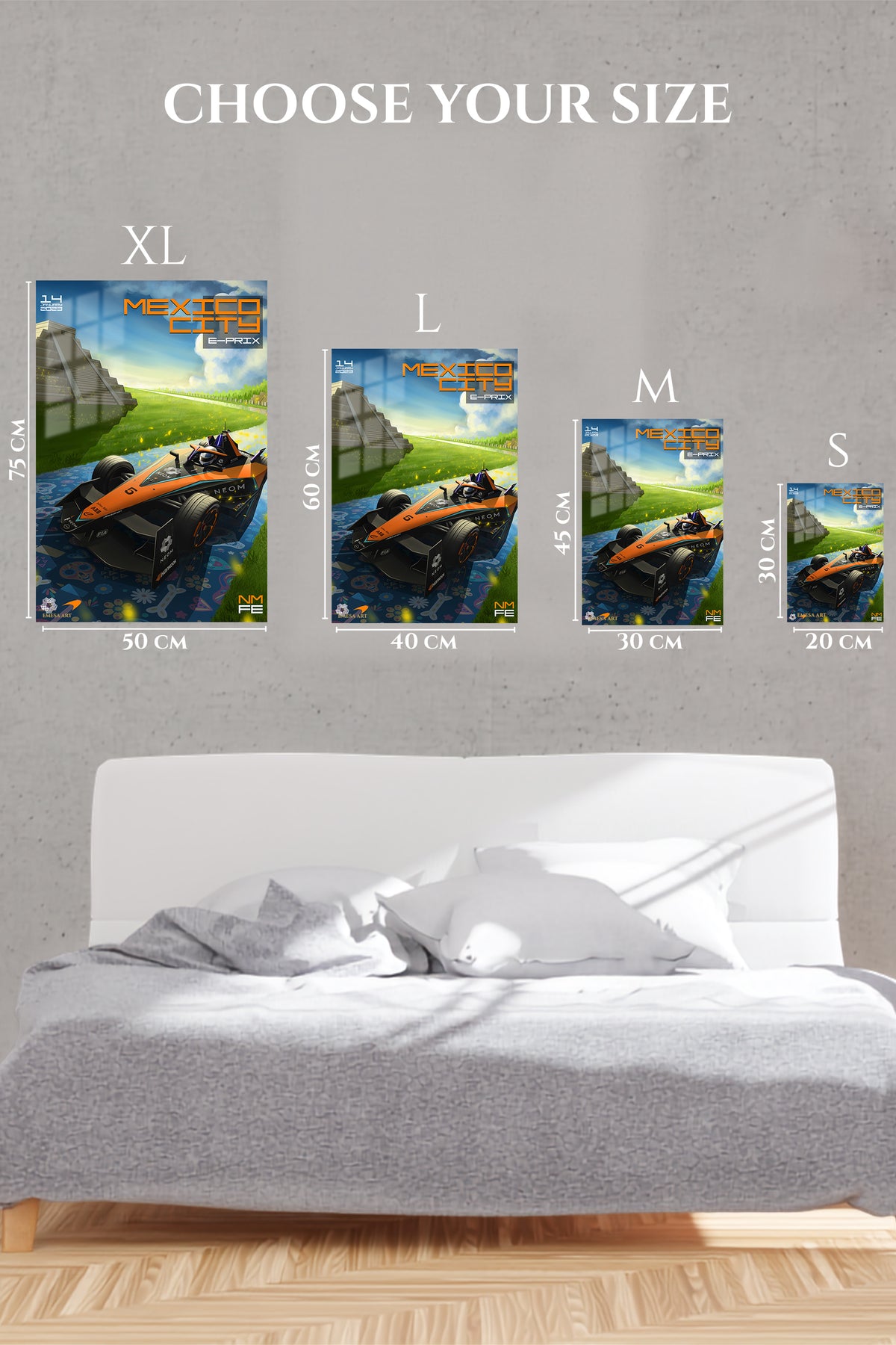 EMESA metal wall art size comparison guide for Formula Race Car at Ancient Temple
