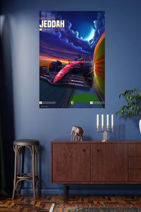 Jeddah Night Grand Prix Racing Car metal wall art displayed in a modern interior