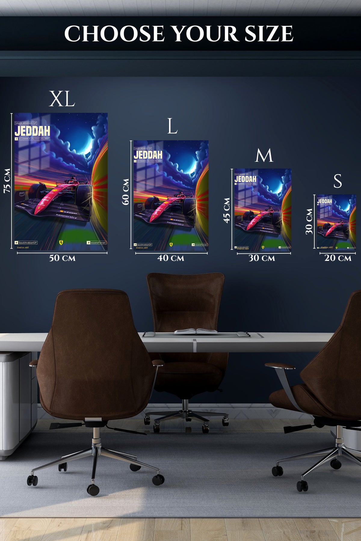 EMESA metal wall art size comparison guide for Jeddah Night Grand Prix Racing Car