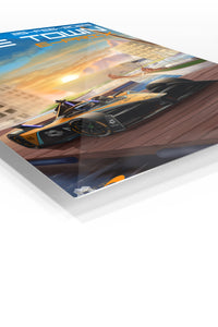 Sunset Harbor Race Car premium metal wall art – angled view