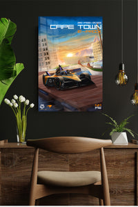 Sunset Harbor Race Car metal wall art displayed in a modern interior