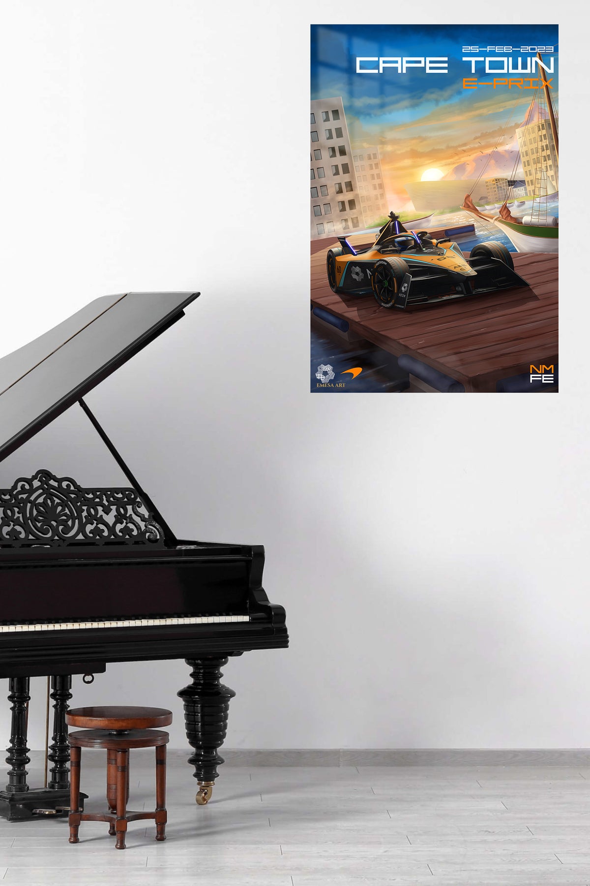 Sunset Harbor Race Car metal wall art displayed in a contemporary living space