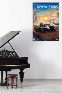 Sunset Harbor Race Car metal wall art displayed in a contemporary living space