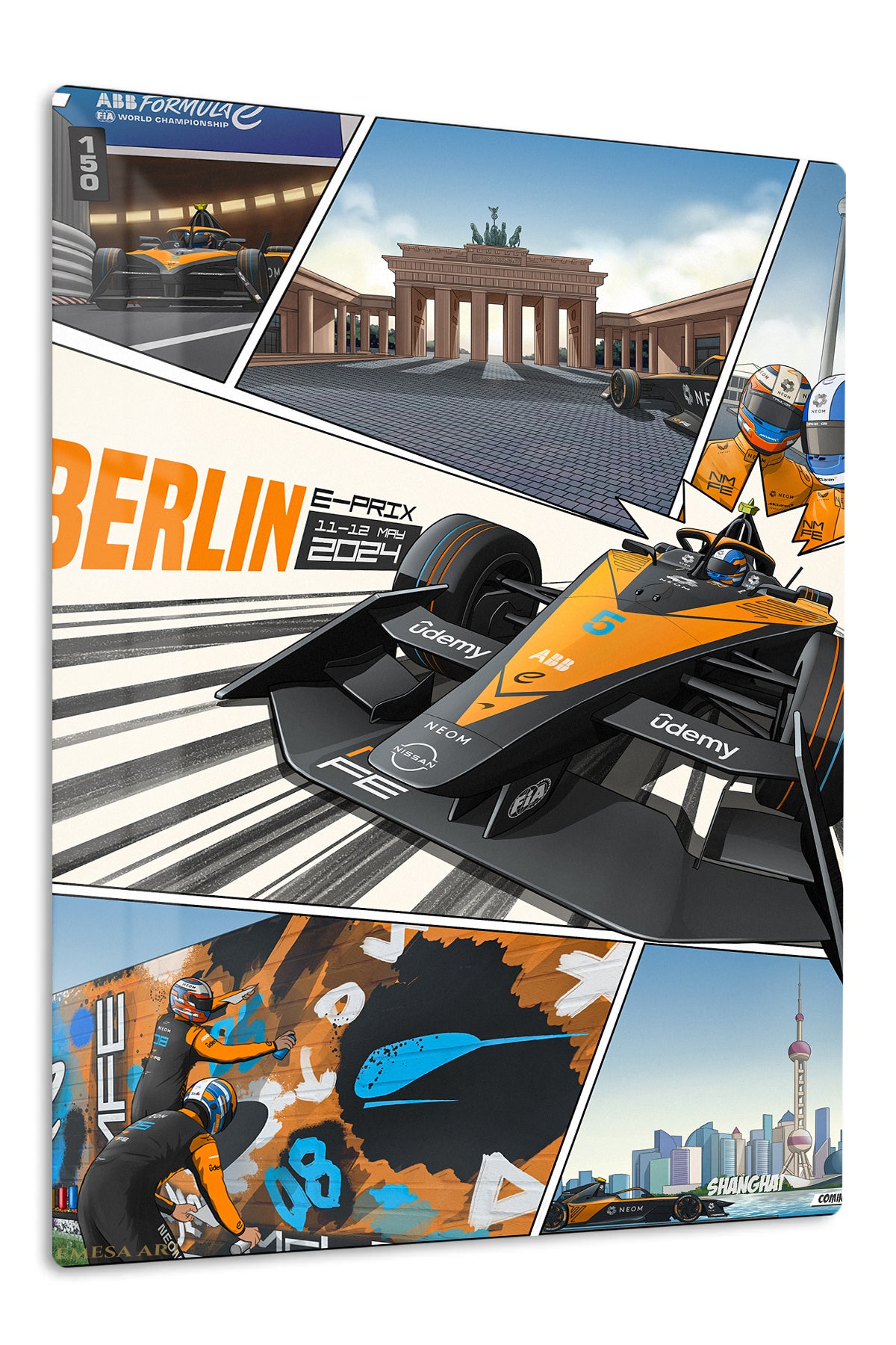Orange Open-Wheel Racing City Panels premium metal wall art – front view
