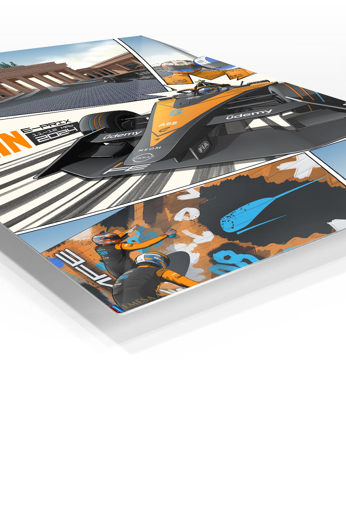 Orange Open-Wheel Racing City Panels premium metal wall art – angled view