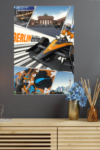 Orange Open-Wheel Racing City Panels metal wall art displayed in a modern interior