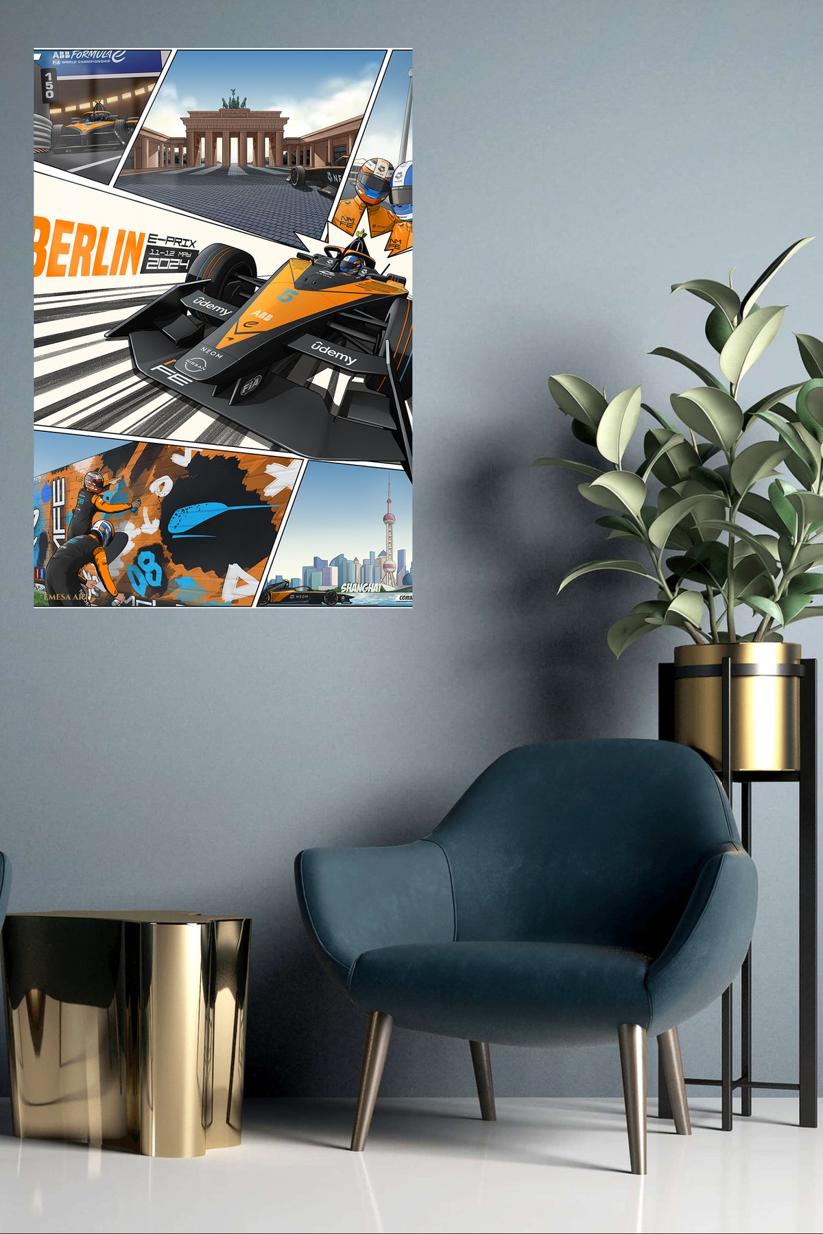 Orange Open-Wheel Racing City Panels metal wall art displayed in a contemporary living space