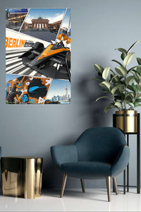 Orange Open-Wheel Racing City Panels metal wall art displayed in a contemporary living space