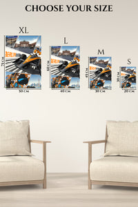 EMESA metal wall art size comparison guide for Orange Open-Wheel Racing City Panels