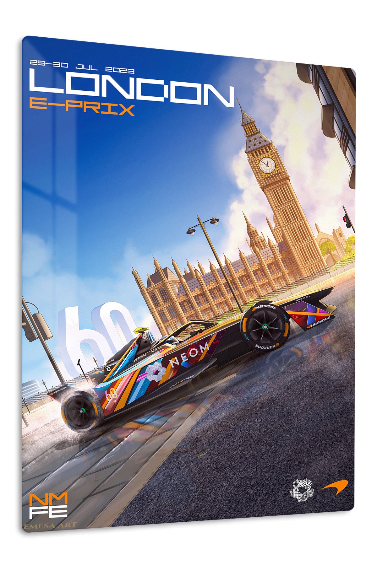 Electric Race Car at Clock Tower premium metal wall art – front view