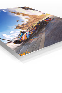 Electric Race Car at Clock Tower premium metal wall art – angled view
