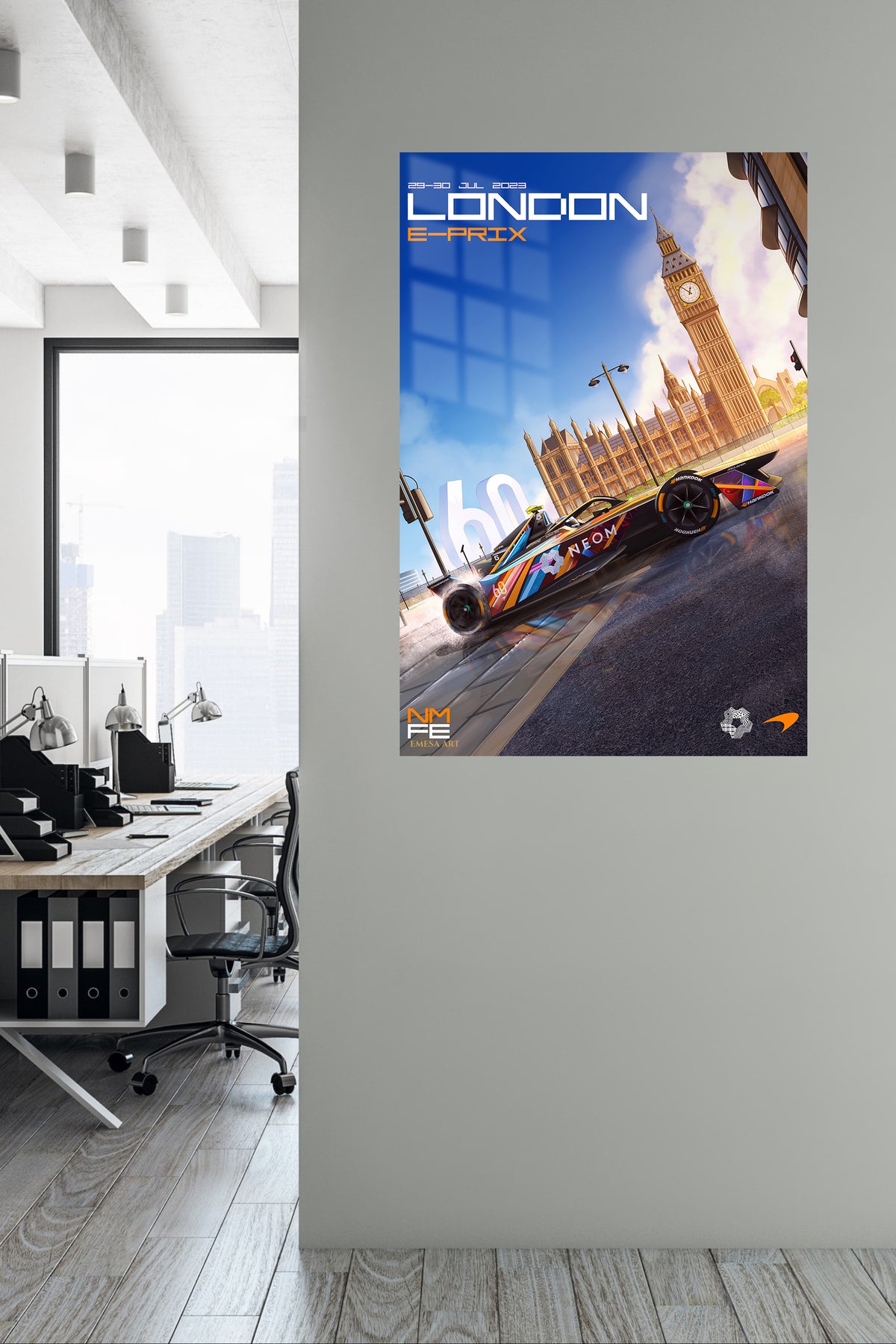 Electric Race Car at Clock Tower metal wall art displayed in a contemporary living space