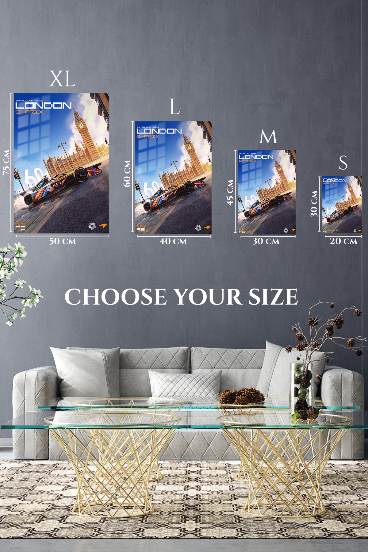 EMESA metal wall art size comparison guide for Electric Race Car at Clock Tower