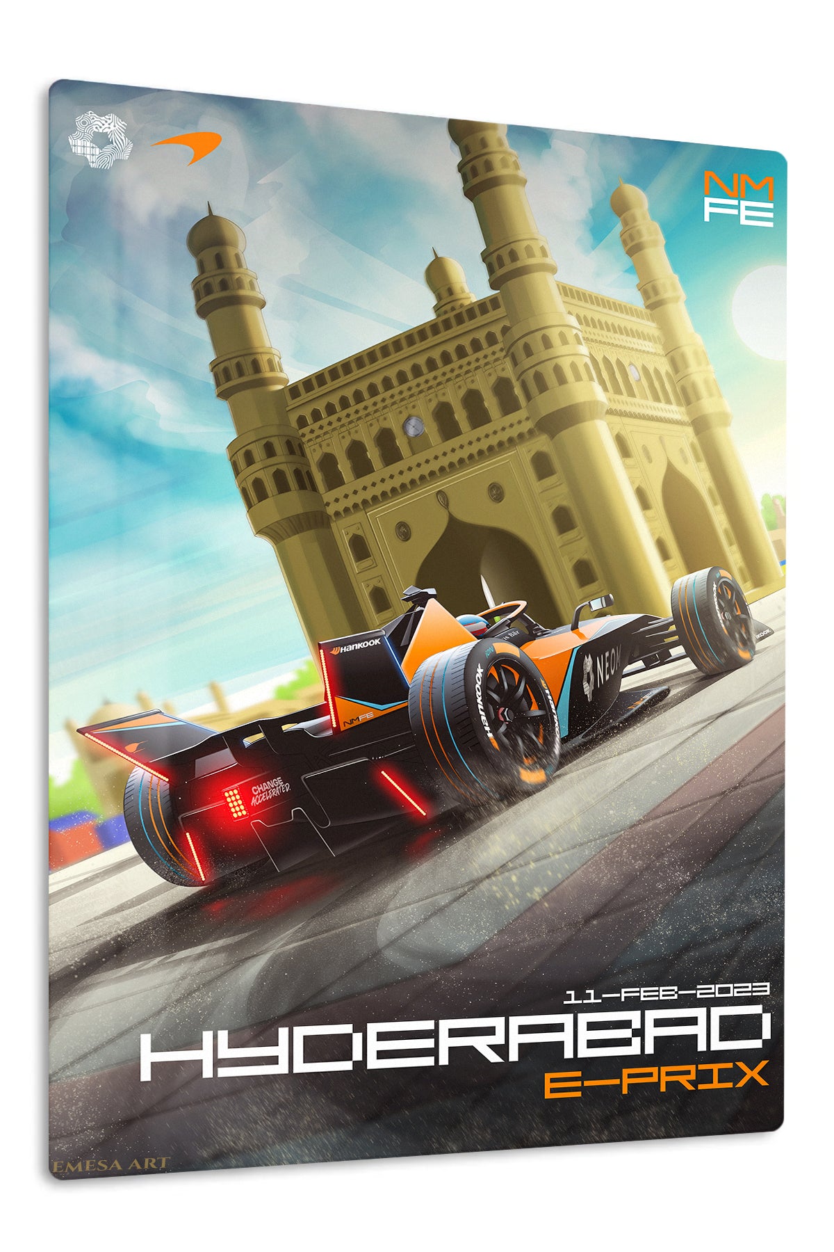 Formula Race Car at Four-Tower Gateway premium metal wall art – front view