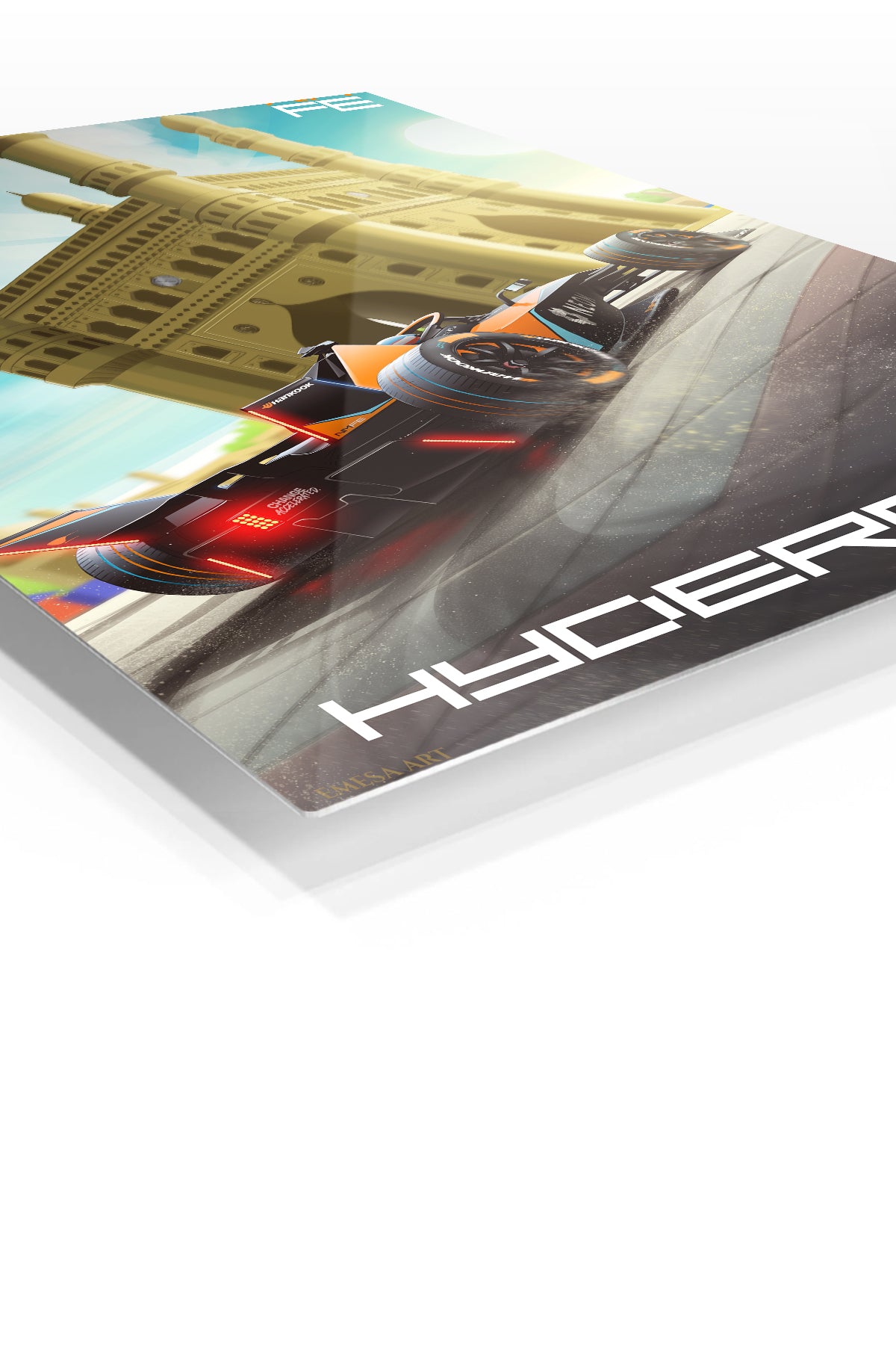 Formula Race Car at Four-Tower Gateway premium metal wall art – angled view