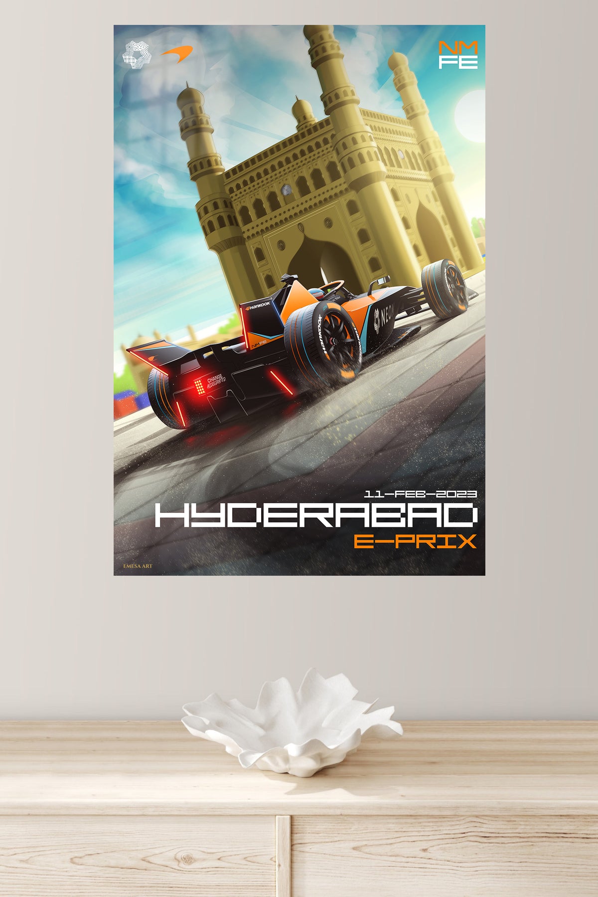 Formula Race Car at Four-Tower Gateway metal wall art displayed in a modern interior