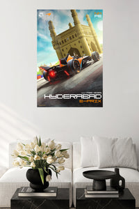 Formula Race Car at Four-Tower Gateway metal wall art displayed in a contemporary living space