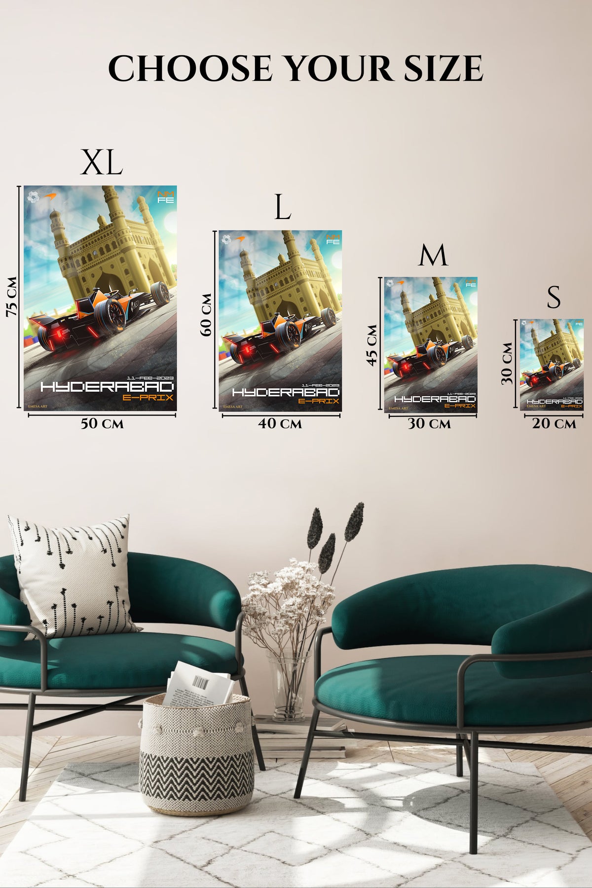 EMESA metal wall art size comparison guide for Formula Race Car at Four-Tower Gateway