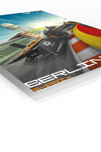 Electric Race Car City Circuit Poster premium metal wall art – angled view