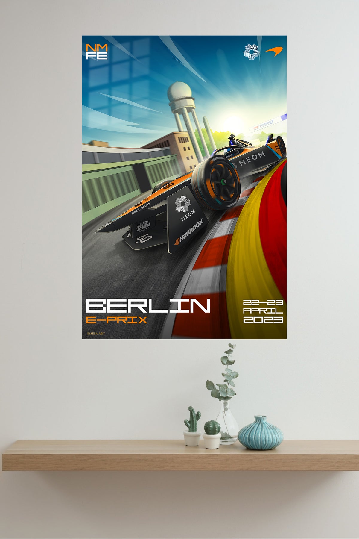 Electric Race Car City Circuit Poster metal wall art displayed in a modern interior