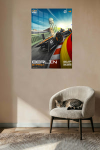 Electric Race Car City Circuit Poster metal wall art displayed in a contemporary living space
