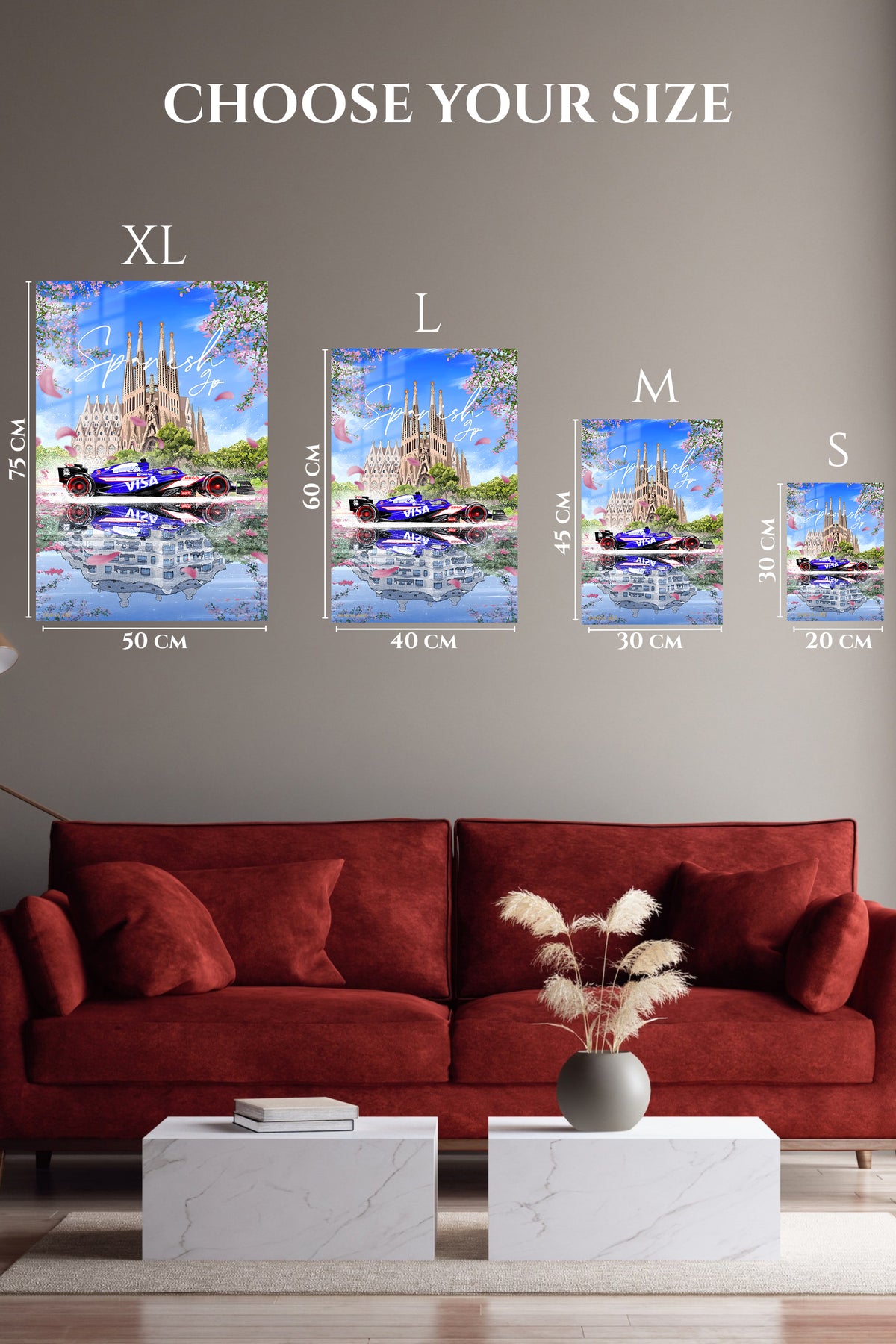 EMESA metal wall art size comparison guide for Spring Cathedral Racing Reflection